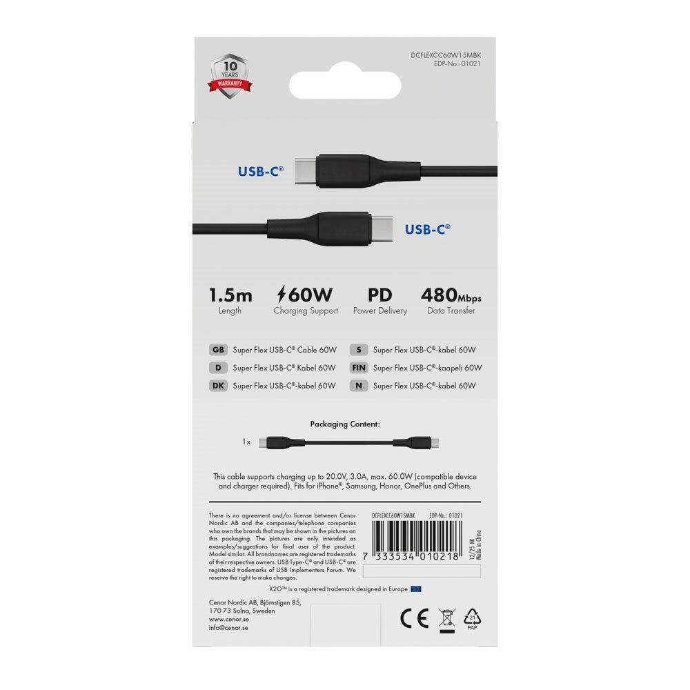 X2O Superflex 60W USB-C till USB-C Kabel - 1.5m - Svart