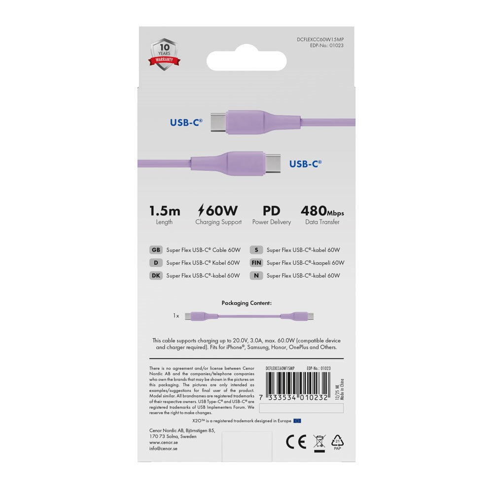X2O Superflex 60W USB-C till USB-C Kabel - 1.5m - Lila