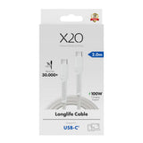 X2O Longlife 100W USB-C till USB-C Kabel - 2m - Vit