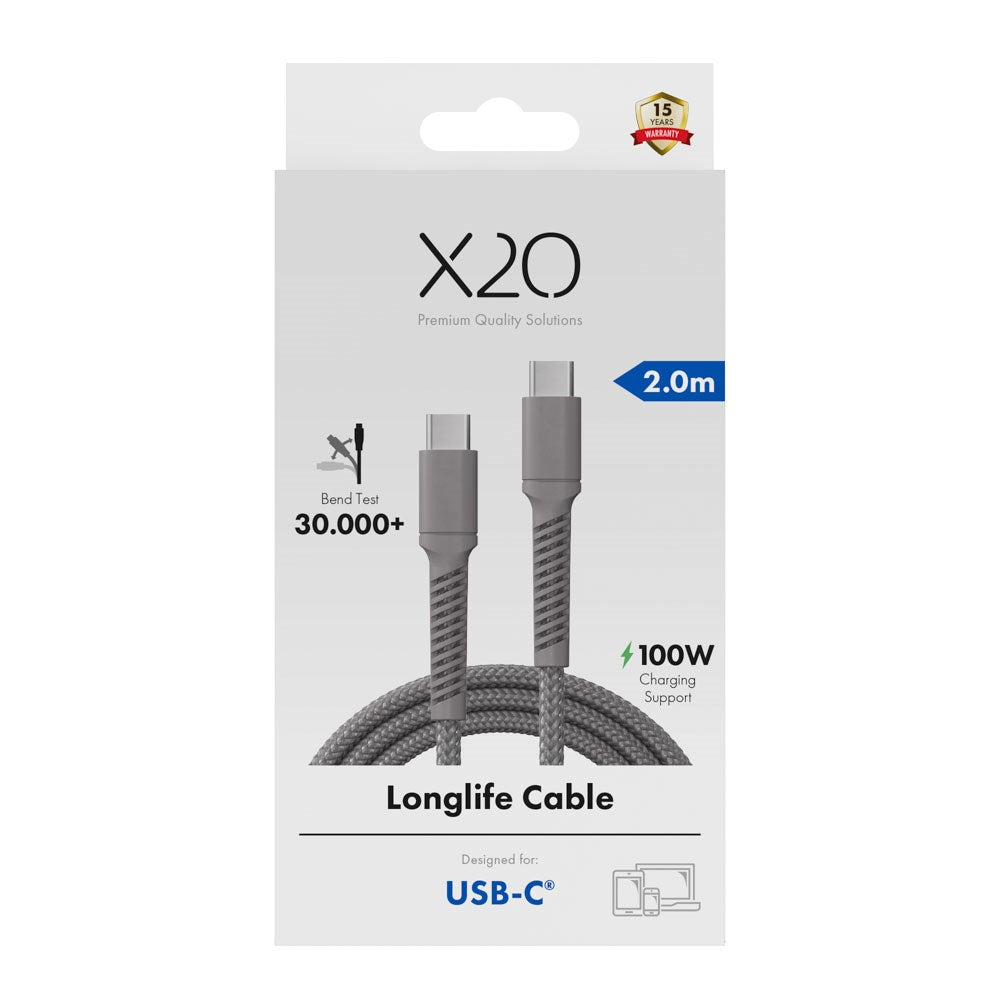 X2O Longlife 100W USB-C till USB-C Kabel - 2m - Grå