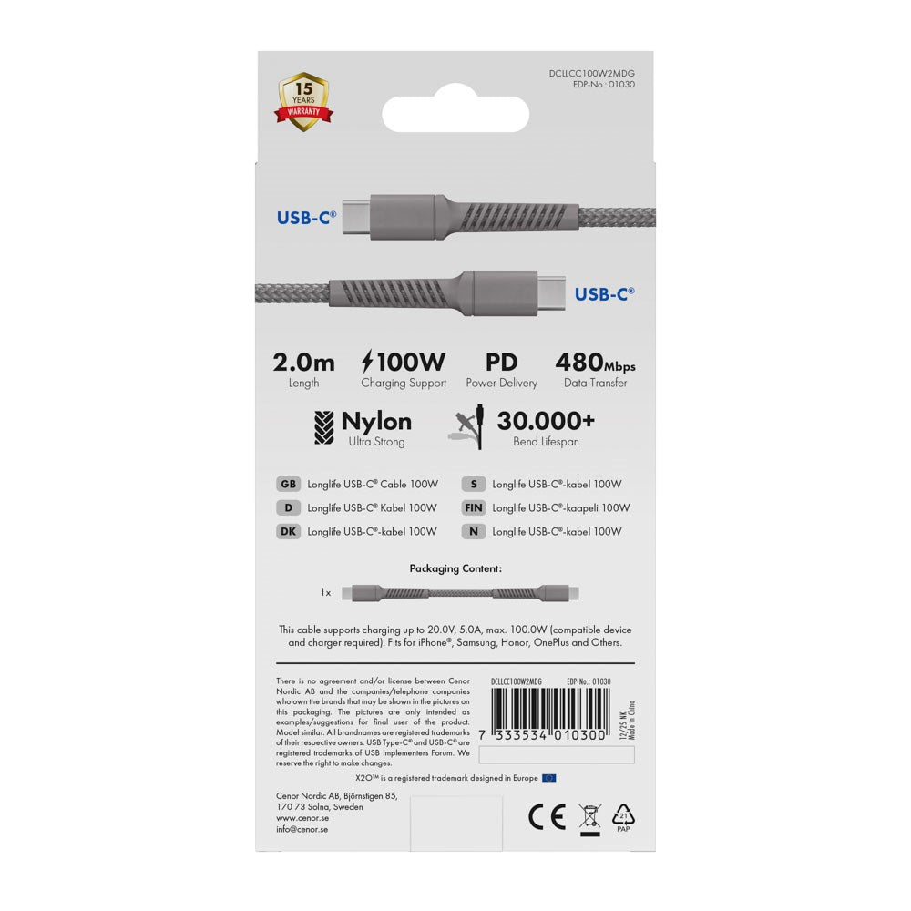 X2O Longlife 100W USB-C till USB-C Kabel - 2m - Grå
