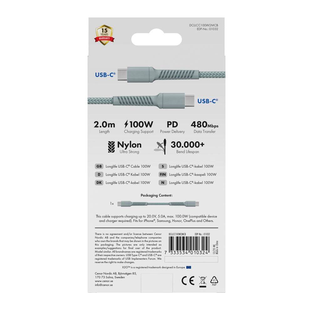 X2O Longlife 100W USB-C till USB-C Kabel - 2m - Blå