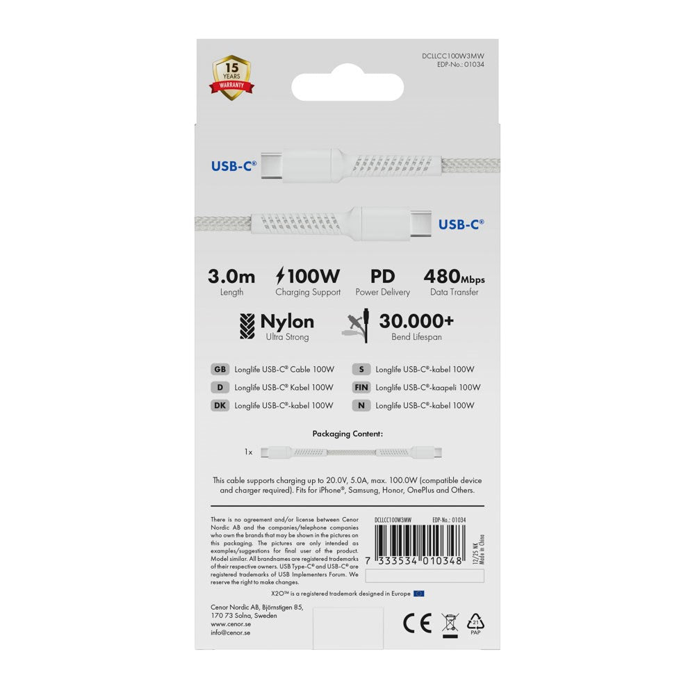 X2O Longlife 100W USB-C till USB-C Kabel - 3m - Vit