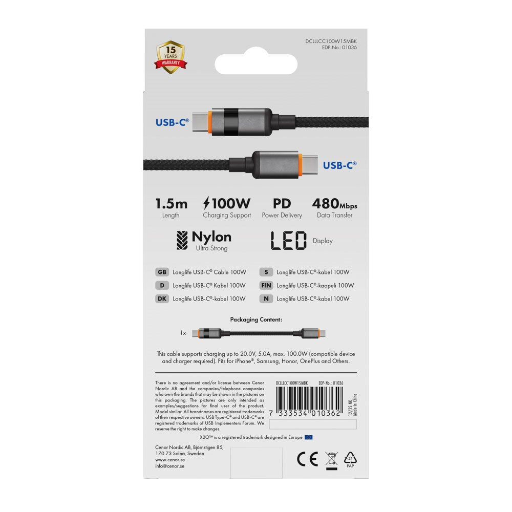 X2O Longlife 100W USB-C till USB-C Kabel m. LED Display - 1.5m - Svart