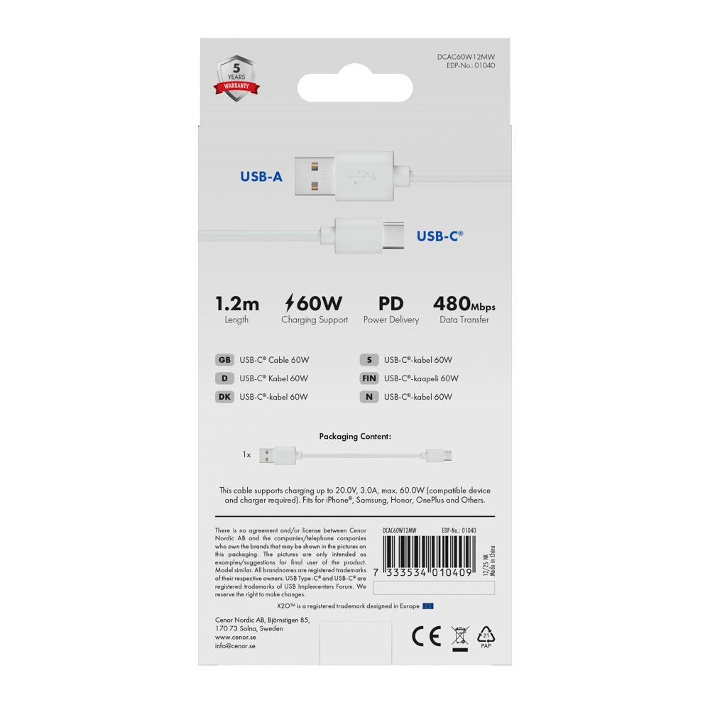 X2O Basic 60W USB-A till USB-C Kabel - 1.2m - Vit