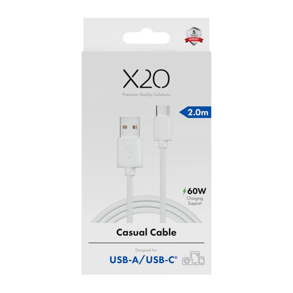 X2O Basic 60W USB-A till USB-C Kabel - 2m - Vit