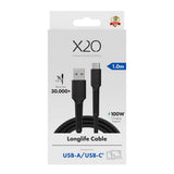 X2O Longlife 60W USB-A till USB-C Kabel - 1m - Svart
