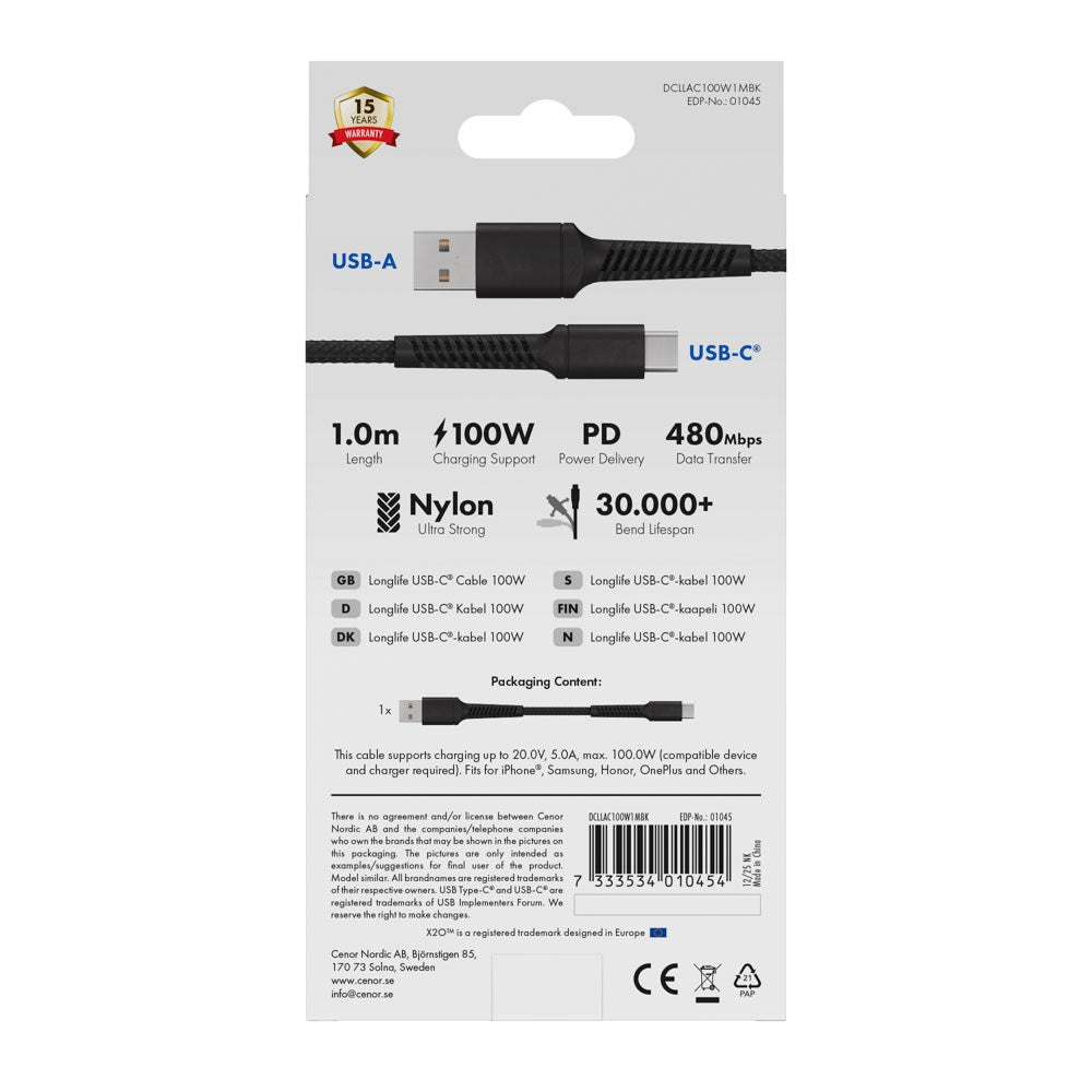 X2O Longlife 60W USB-A till USB-C Kabel - 1m - Svart