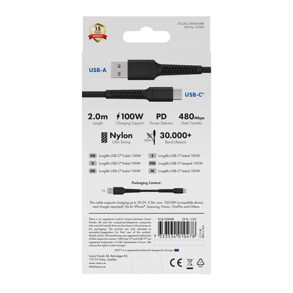 X2O Longlife 60W USB-A till USB-C Kabel - 2m - Svart