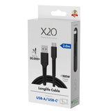 X2O Longlife 60W USB-A till USB-C Kabel - 2m - Svart