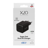 X2O 45W GaN Väggladdare m. 2x USB-C - Svart