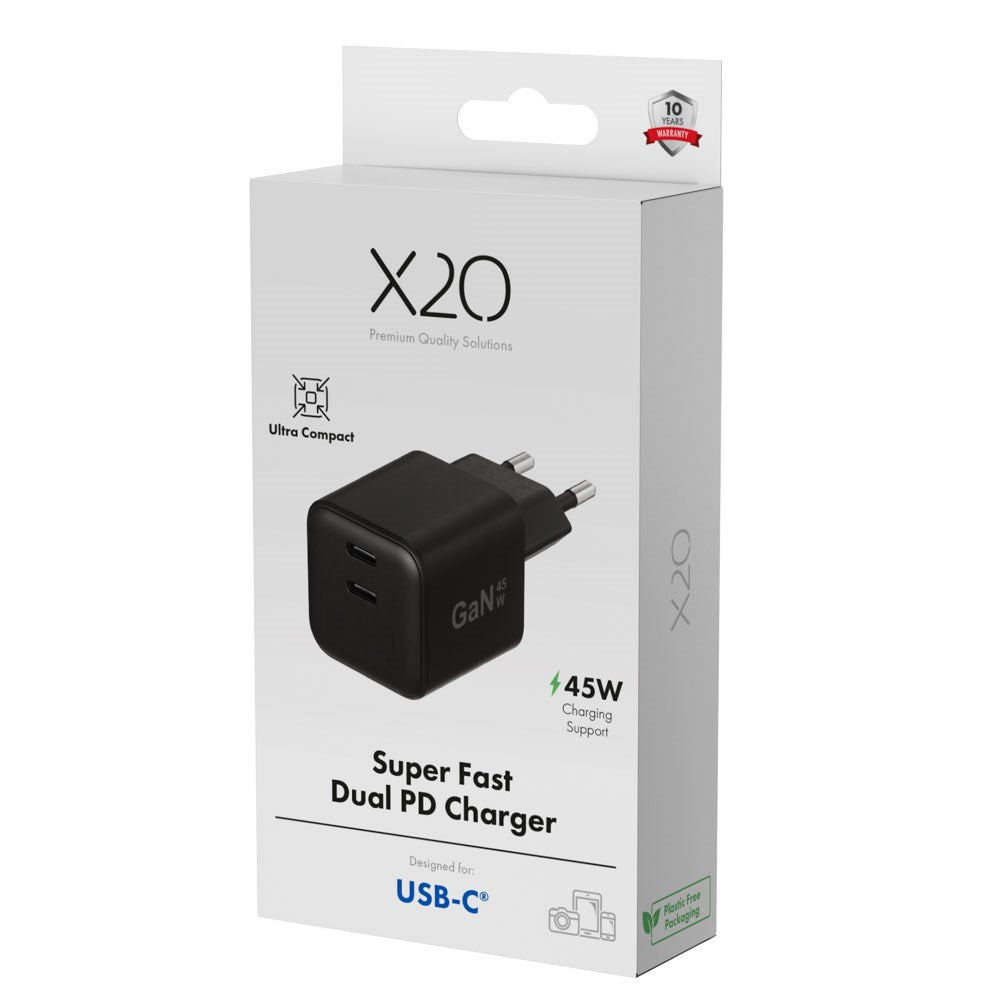 X2O 45W GaN Väggladdare m. 2x USB-C - Svart