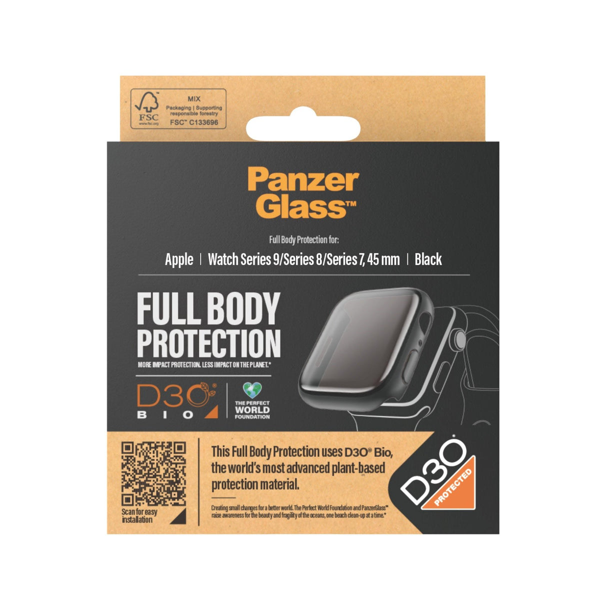 PanzerGlass Apple Watch 9/8/7 (45mm) Full Body D3O Bio Protection Skal m. Inbyggt Skärmskydd - Svart