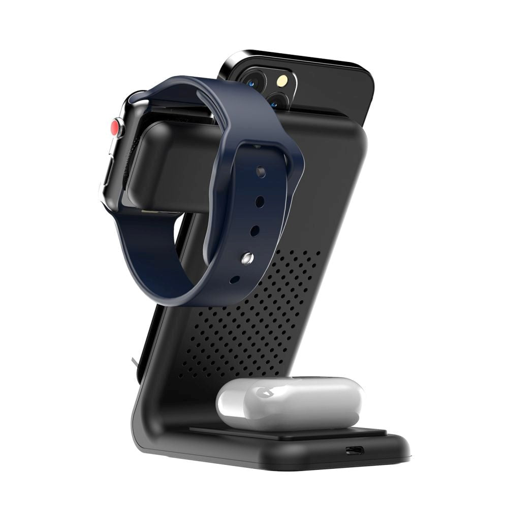 Tech-Protect A20 3-i-1 Trådlös Laddningsstation m. Ljus 15W - Apple Watch, AirPods & Smartphone - Svart