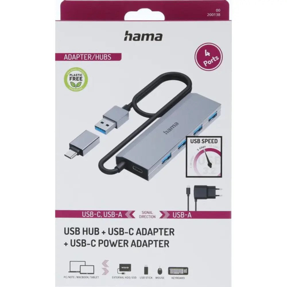HAMA USB-A Hub m. USB-C Adapter – Grå