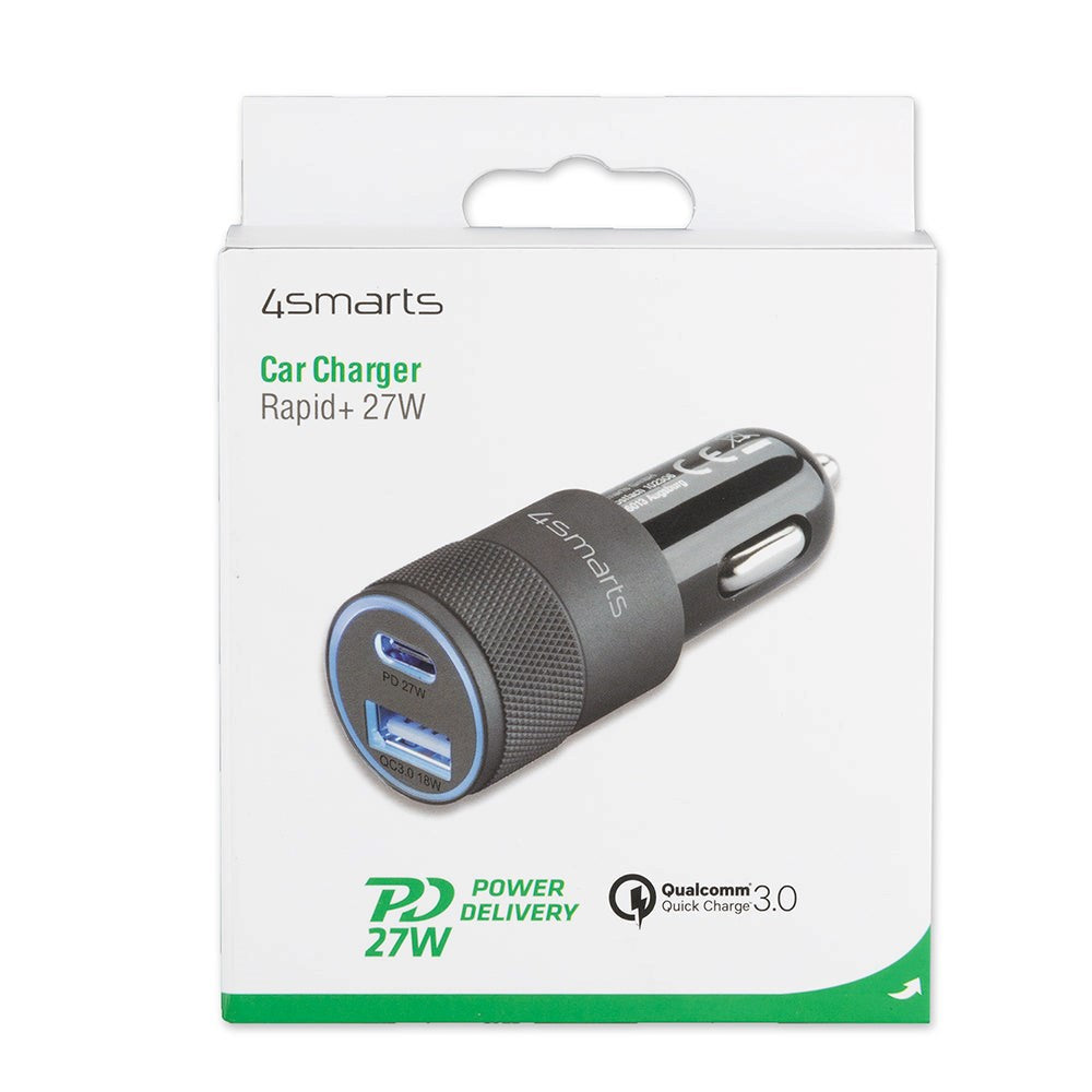 4Smarts Rapid+ Fast Car Charger 27W PD / 18W QC - 1X USB -A 1X USB -C - Svart