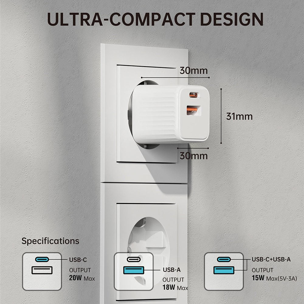 4Smarts VoltPlug Duos 20W Väggladdare - 1 x USB-A QC & 1 x USB-C PD - Vit