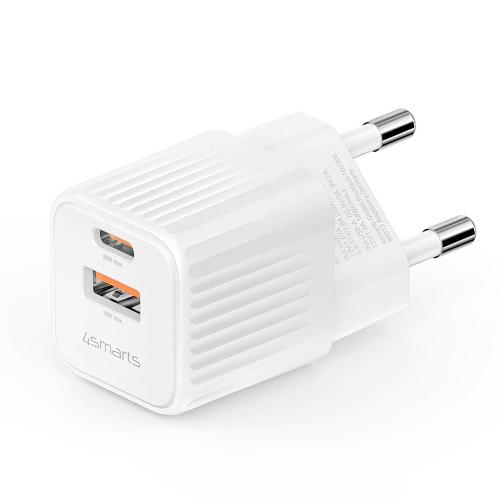 4Smarts VoltPlug Duos 20W Väggladdare - 1 x USB-A QC & 1 x USB-C PD - Vit