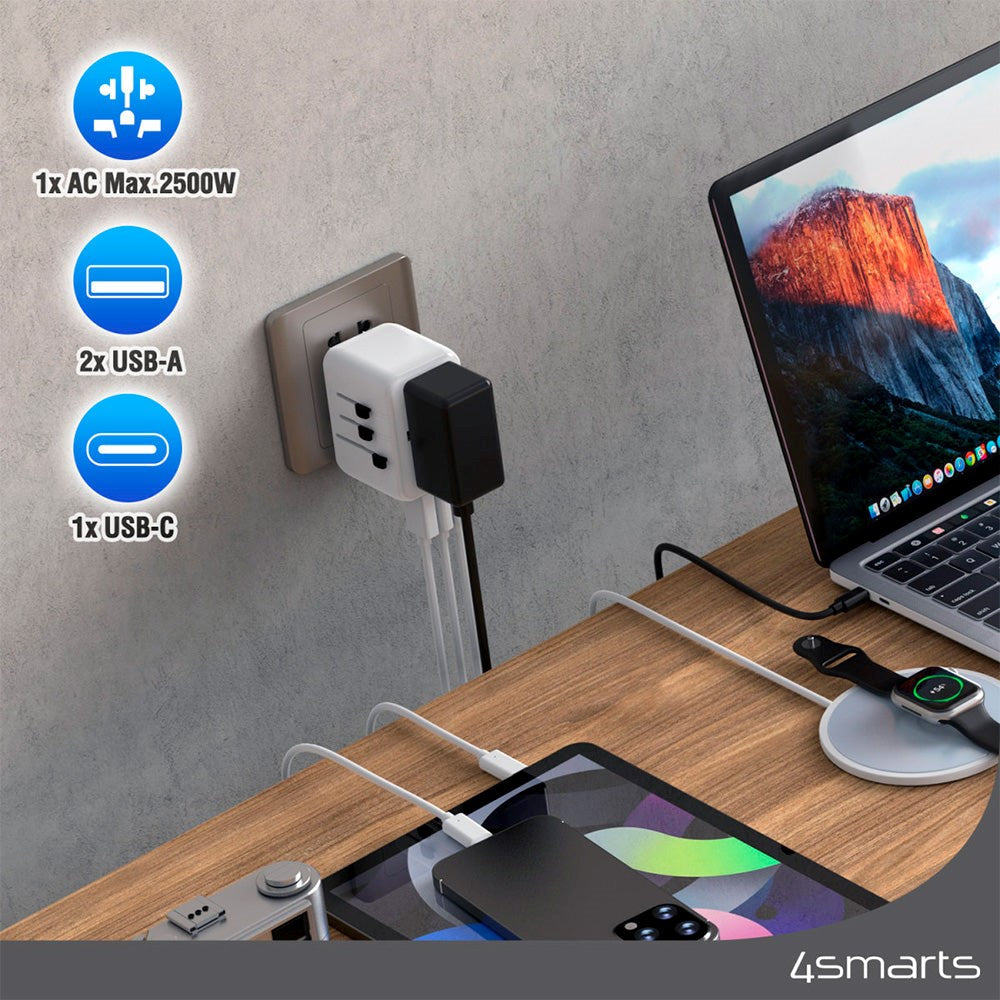 4smarts World Rese Adapter med 2 x USB-A, 1 x USB-C & 1 x AC-Kontakt - Vit