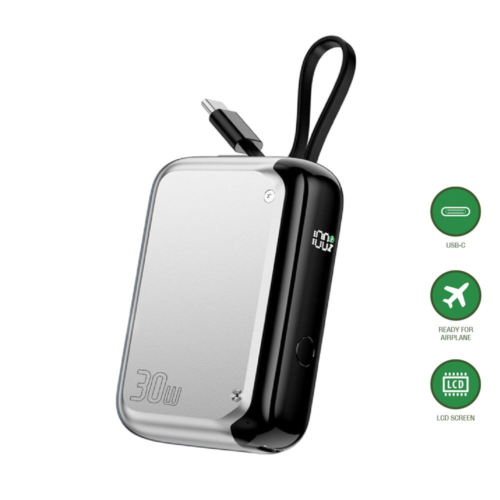 4smarts 10 000 mAh Pocket Powerbank med Integrerad USB-C-Kabel 30W - Silver