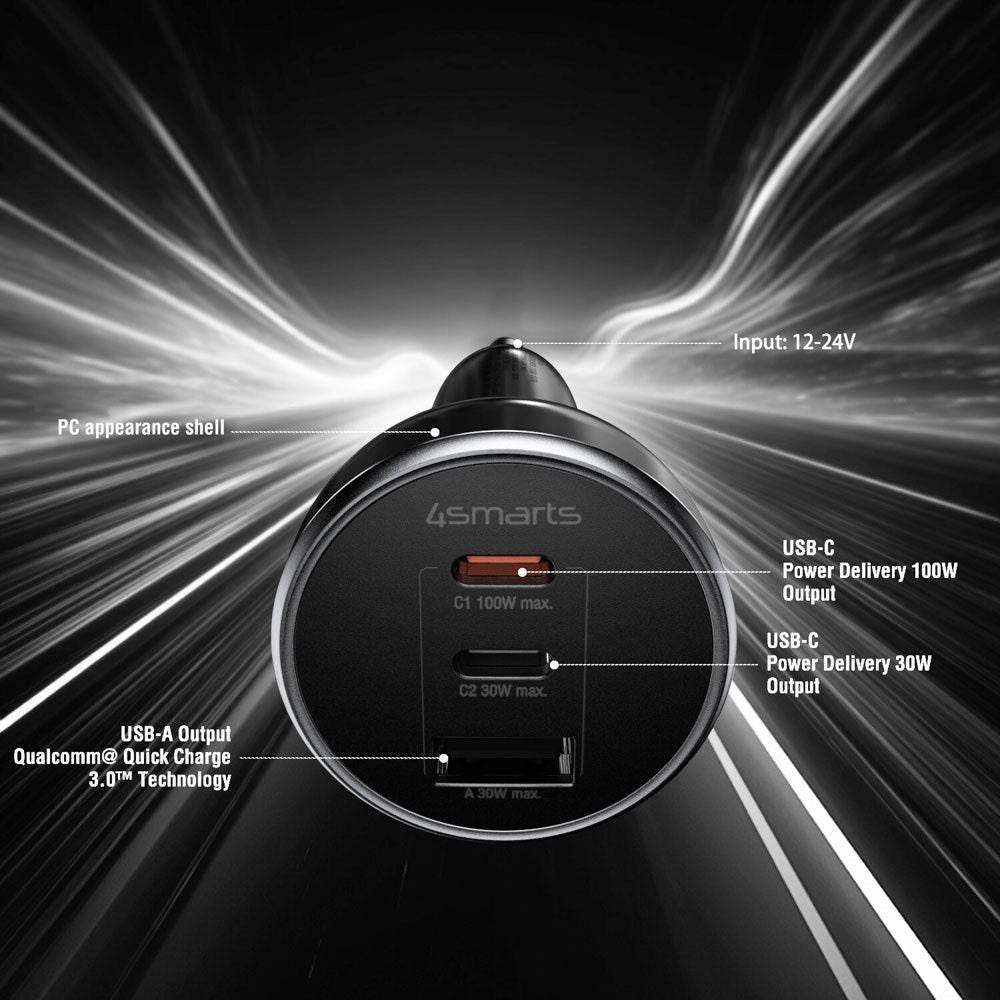 4smarts VoltRoad Ultimate 160W Billaddare med 2 x USB-C 1 x USB-A - Svart