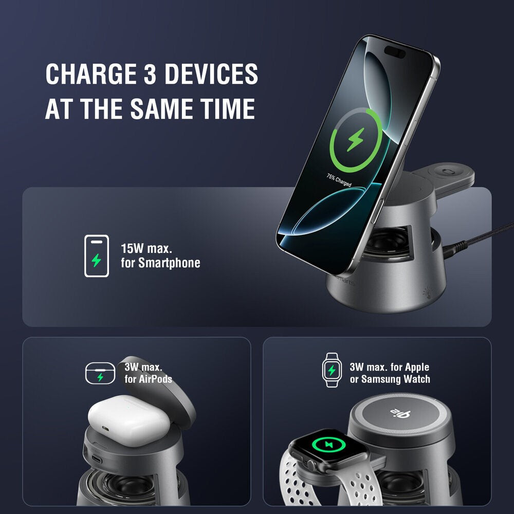 4smarts 3-i-1 Trådlös Laddare med Inbyggd Lampa & Bluetooth för Smartphone / Smartklocka / AirPods - MagSafe / Qi2 Kompatibel - Grå