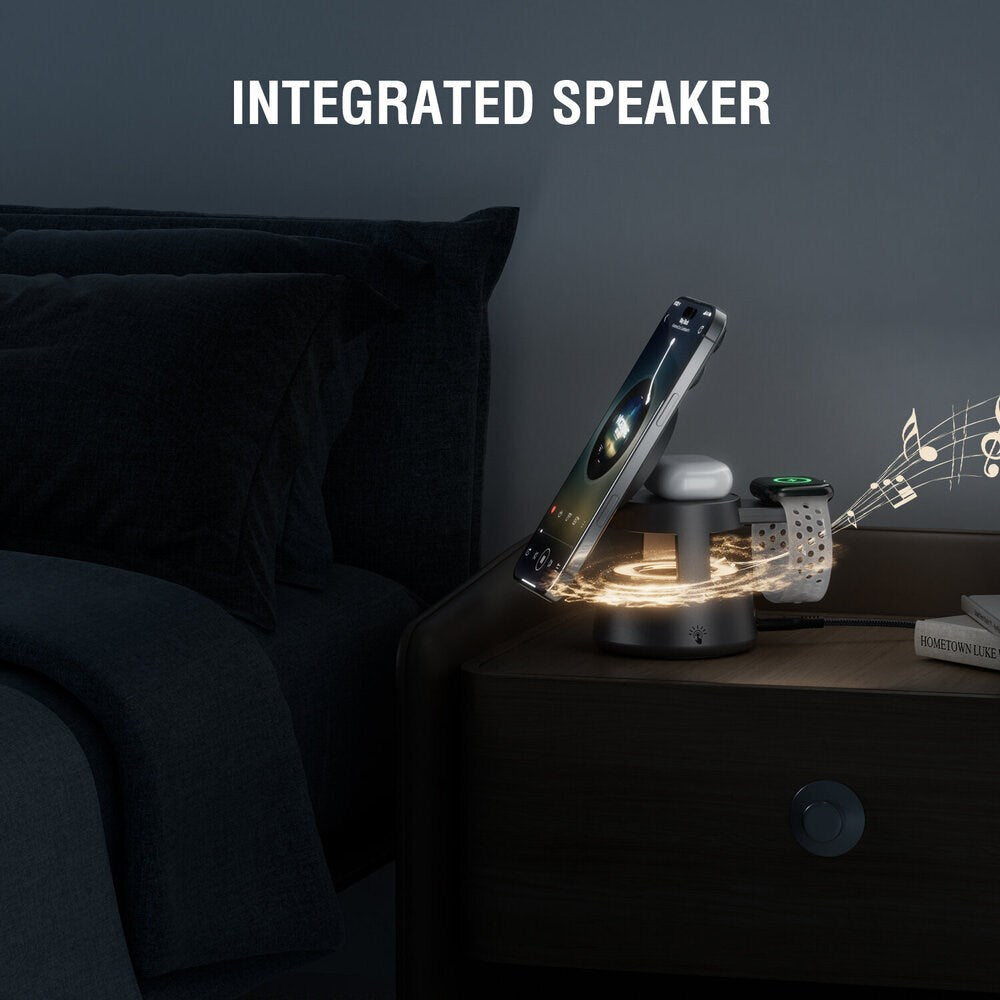 4smarts 3-i-1 Trådlös Laddare med Inbyggd Lampa & Bluetooth för Smartphone / Smartklocka / AirPods - MagSafe / Qi2 Kompatibel - Grå