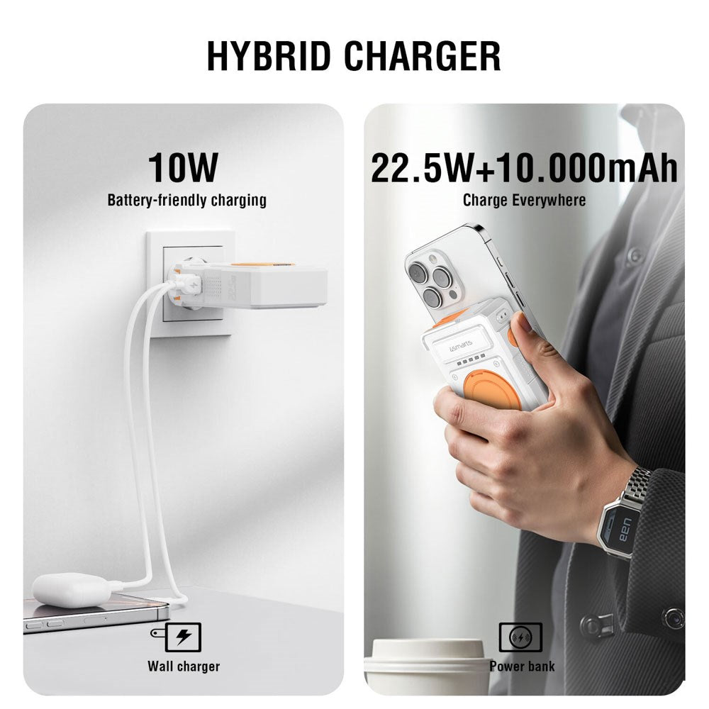 4smarts 6-i-1 10 000 mAh Hybrid Powerbank / Trådlös Laddare / Reseadapter - Vit / Orange