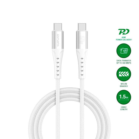 4smarts PrimeCord USB-C till USB-C Kabel 60W - 1.5 m - Vit