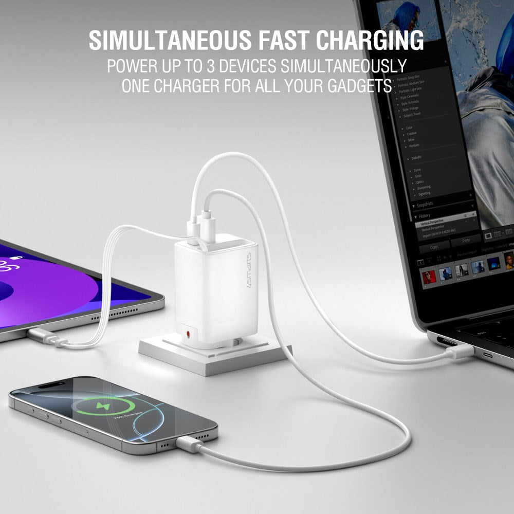 4smarts 65W Flex Jojo Väggladdare med EU / US-kontakt - 1 x USB-A - 1 x USB-C - 1 x USB-C Kabel - Vit