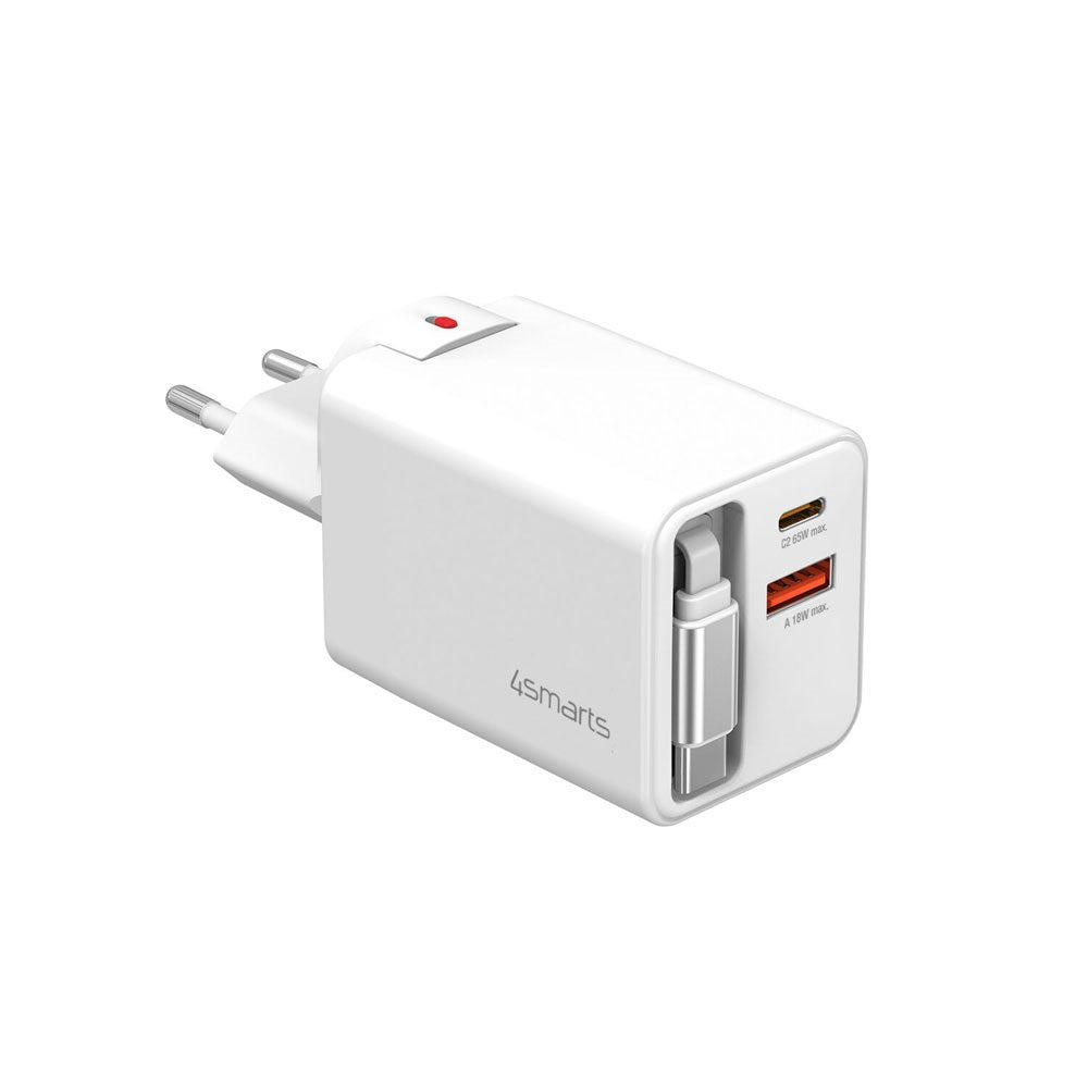 4smarts 65W Flex Jojo Väggladdare med EU / US-kontakt - 1 x USB-A - 1 x USB-C - 1 x USB-C Kabel - Vit