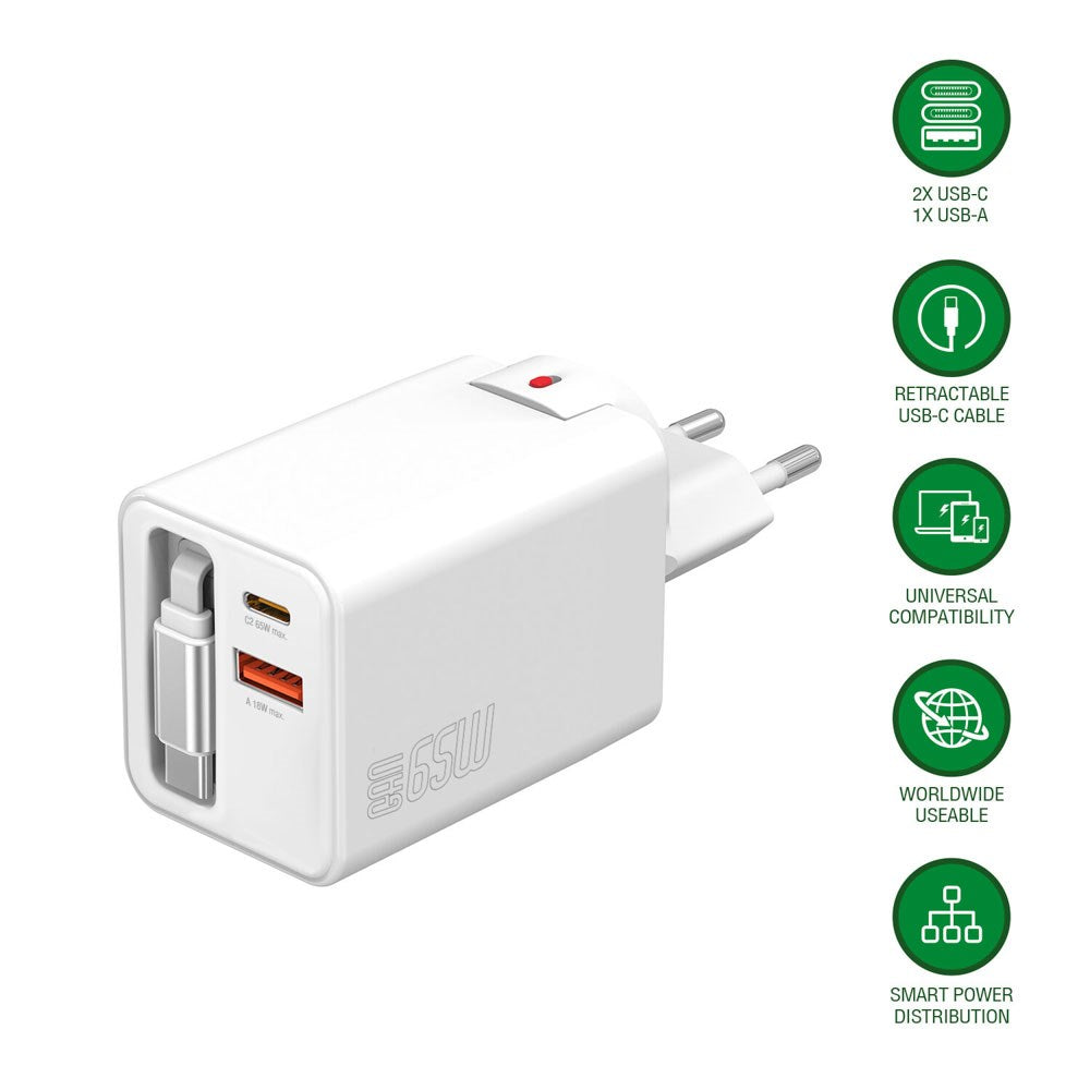 4smarts 65W Flex Jojo Väggladdare med EU / US-kontakt - 1 x USB-A - 1 x USB-C - 1 x USB-C Kabel - Vit