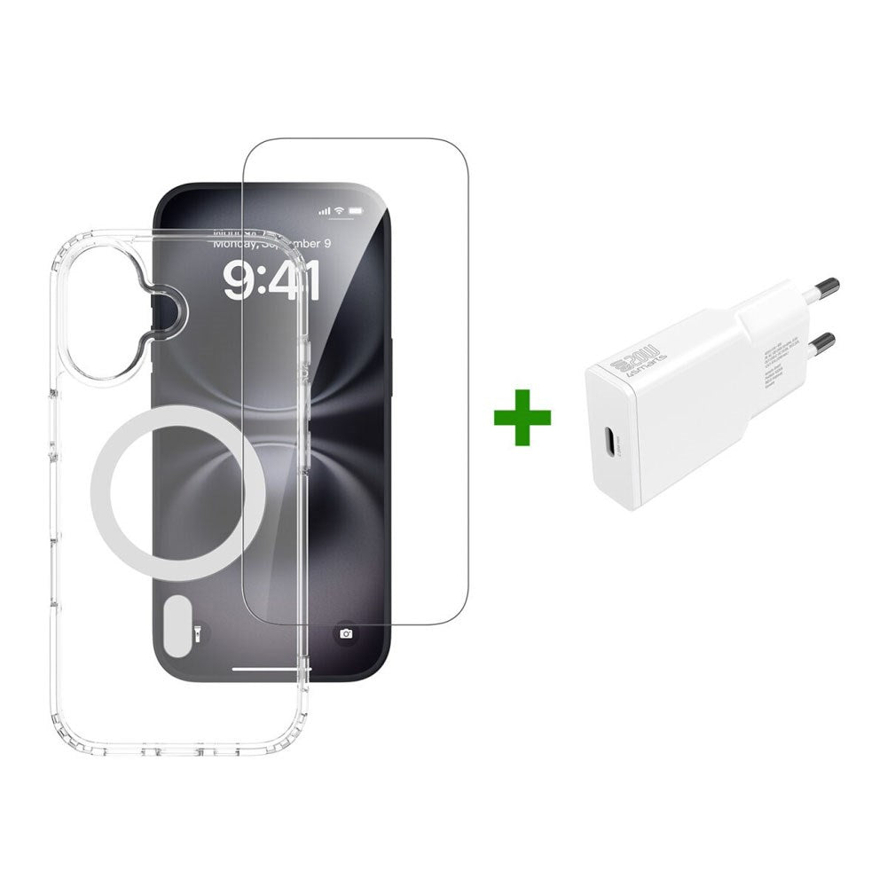 iPhone 17 4Smarts 3-i-1 Premium Starter Set - MagSafe Skal, Skärmskydd & 20W Väggladdare - Genomskinlig / Vit