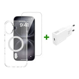 iPhone 17 4Smarts 3-i-1 Premium Starter Set - MagSafe Skal, Skärmskydd & 20W Väggladdare - Genomskinlig / Vit