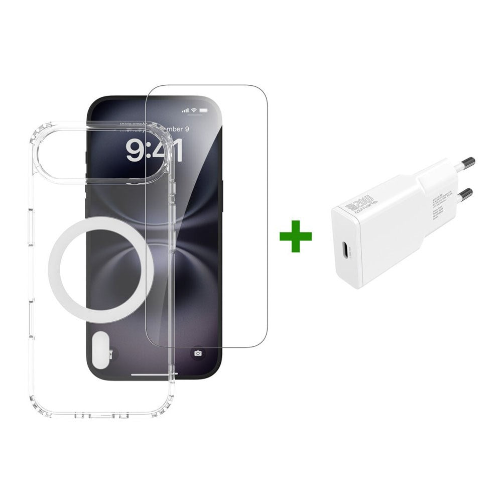 iPhone Air 4Smarts 3-i-1 Premium Starter Set - MagSafe Skal, Skärmskydd & 20W Väggladdare - Genomskinlig / Vit