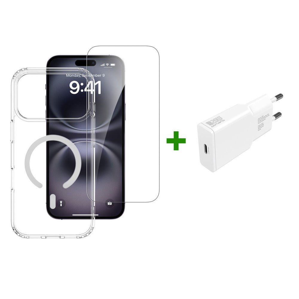 iPhone 17 Pro Max 4Smarts 3-i-1 Premium Starter Set - MagSafe Skal, Skärmskydd & 20W Väggladdare - Genomskinlig / Vit