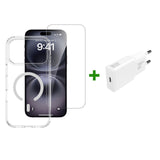 iPhone 17 Pro Max 4Smarts 3-i-1 Premium Starter Set - MagSafe Skal, Skärmskydd & 20W Väggladdare - Genomskinlig / Vit