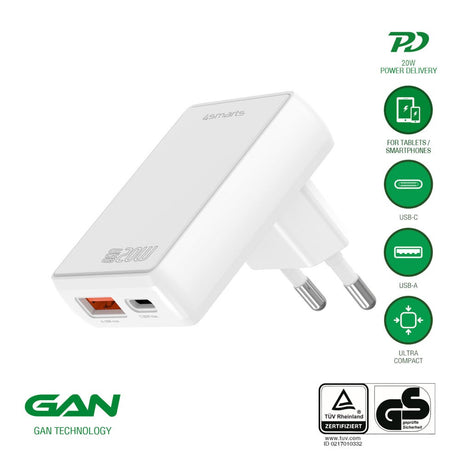 4smarts FlatPlug 20W Väggladdare med 1 x USB-C 1 x USB-A - Vit