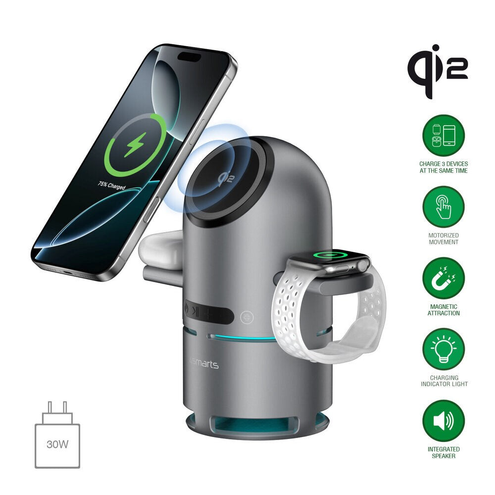4smarts ChargeBot Sound 3-i-1 Trådlös Laddare med Bluetooth-Högtalare - Smartphone / Smartklocka / AirPods - MagSafe / Qi2 Kompatibel - Grå