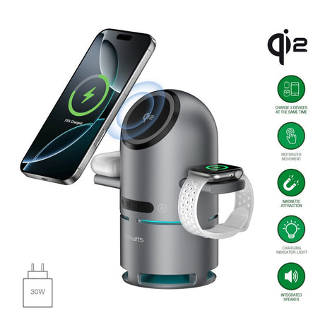 4smarts ChargeBot Sound 3-i-1 Trådlös Laddare med Bluetooth-Högtalare - Smartphone / Smartklocka / AirPods - MagSafe / Qi2 Kompatibel - Grå