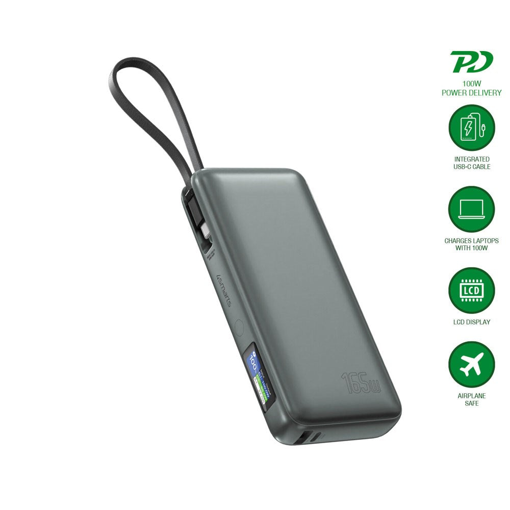4smarts Enterprise 20 000 mAh 165 W Powerbank med Inbyggd USB-C-Kabel - Grå