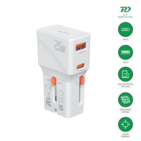 4smarts 25W Reiseadapter for EU/UK/US/AUS med 1 x USB-C 1 x USB-A - Hvit