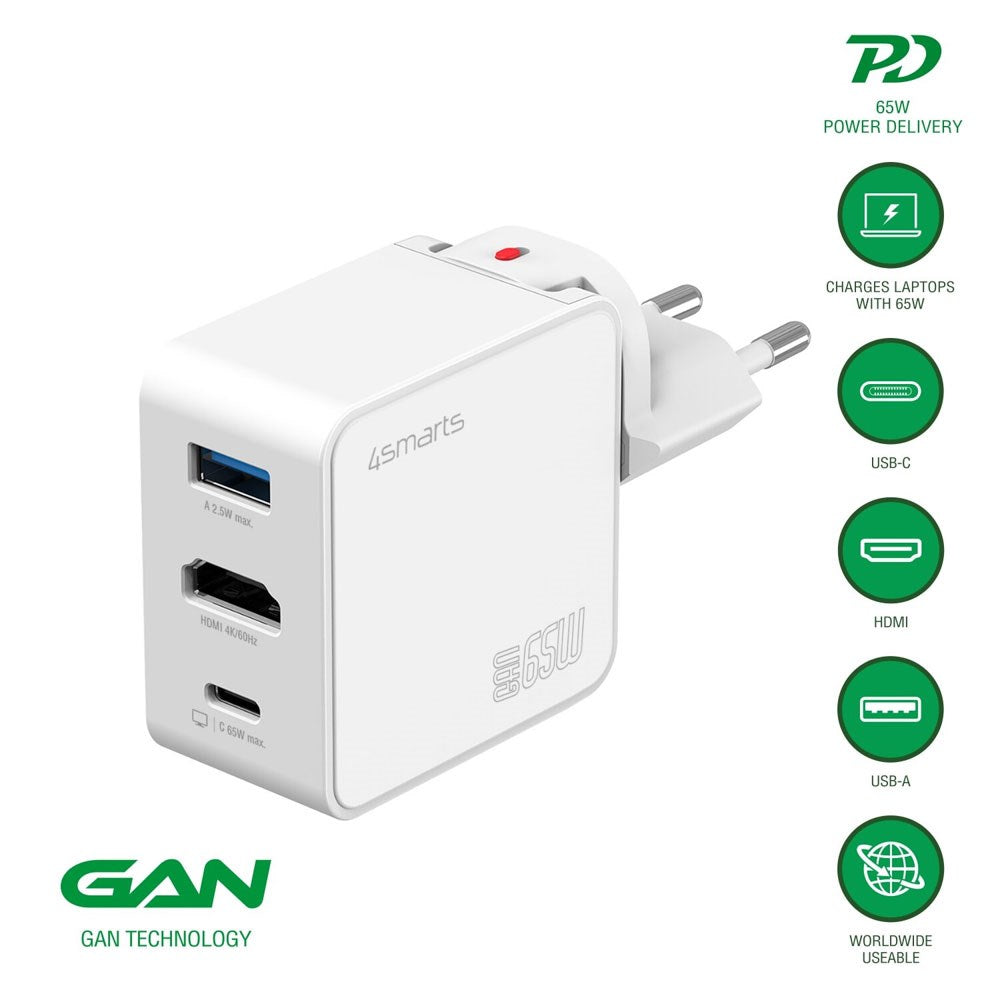 4smarts 3-i-1 HDMI Hub 65W Väggladdare - Vit