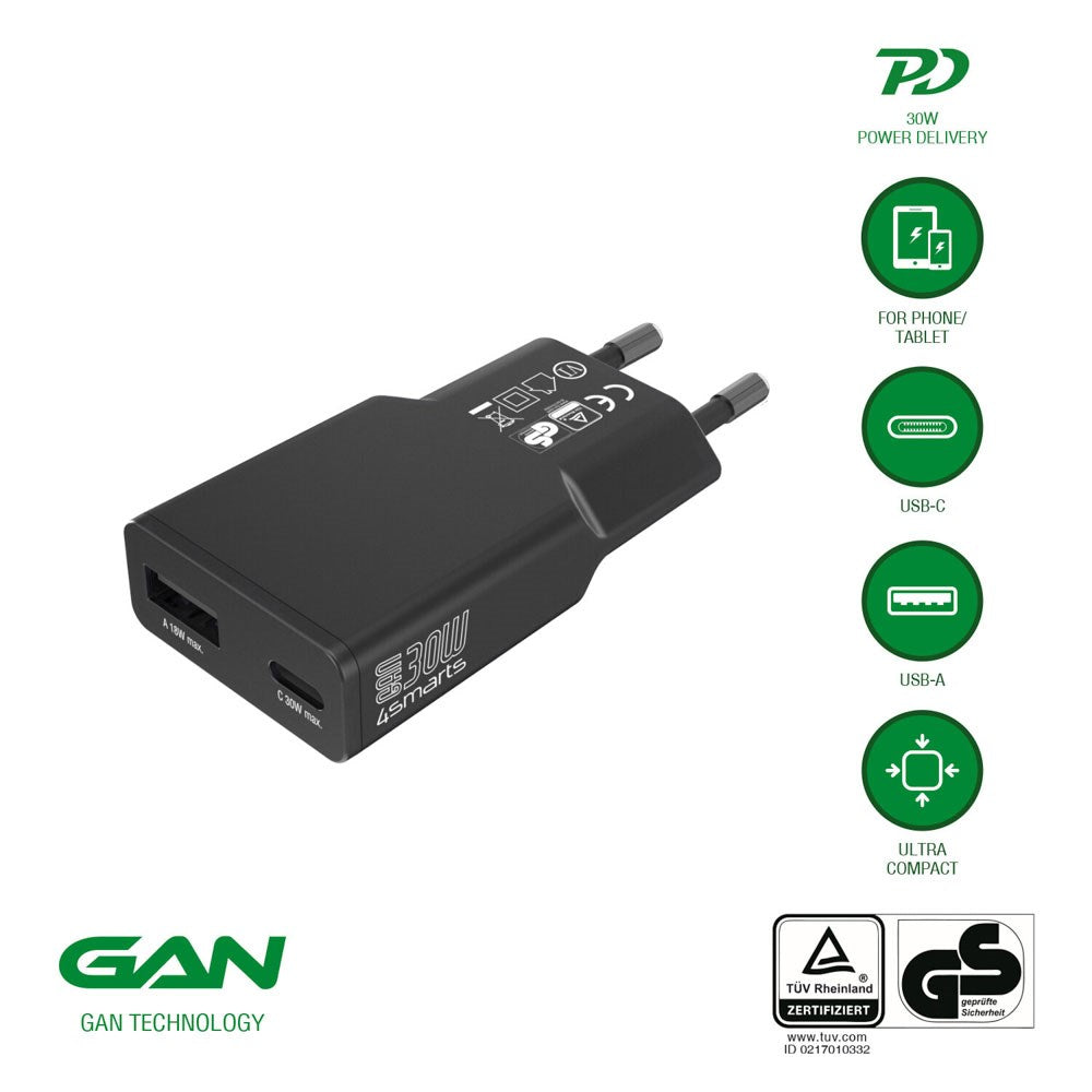 4smarts PDPlug Slim 30W Väggladdare med 1 x USB-C 1 x USB-A - Svart
