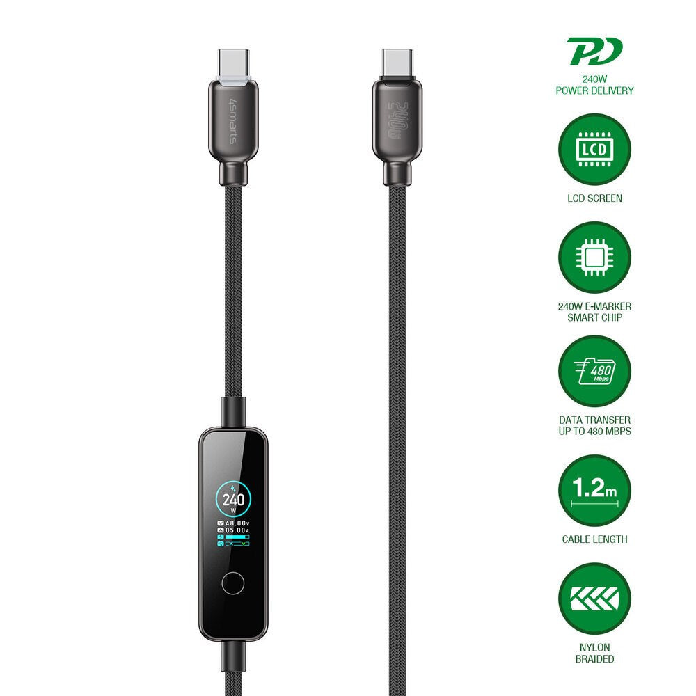 4smarts ScreenCord 240W USB-C till USB-C Kabel med Inbyggd Skärm - 1,2m - Svart