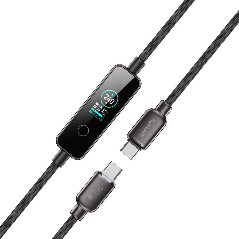 4smarts ScreenCord 240W USB-C till USB-C Kabel med Inbyggd Skärm - 1,2m - Svart