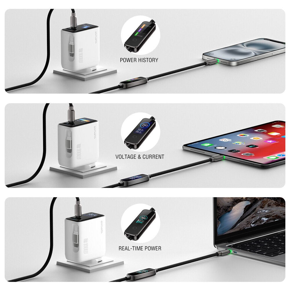 4smarts ScreenCord 240W USB-C till USB-C Kabel med Inbyggd Skärm - 1,2m - Svart