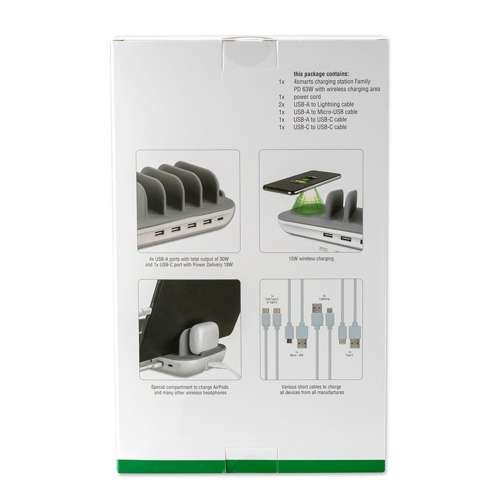 4Smarts Charging Station Family Evo Version 63W med Trådlös Laddare, 5 x Laddningskablar och AirPods Laddningsstativ - Vit / Grå