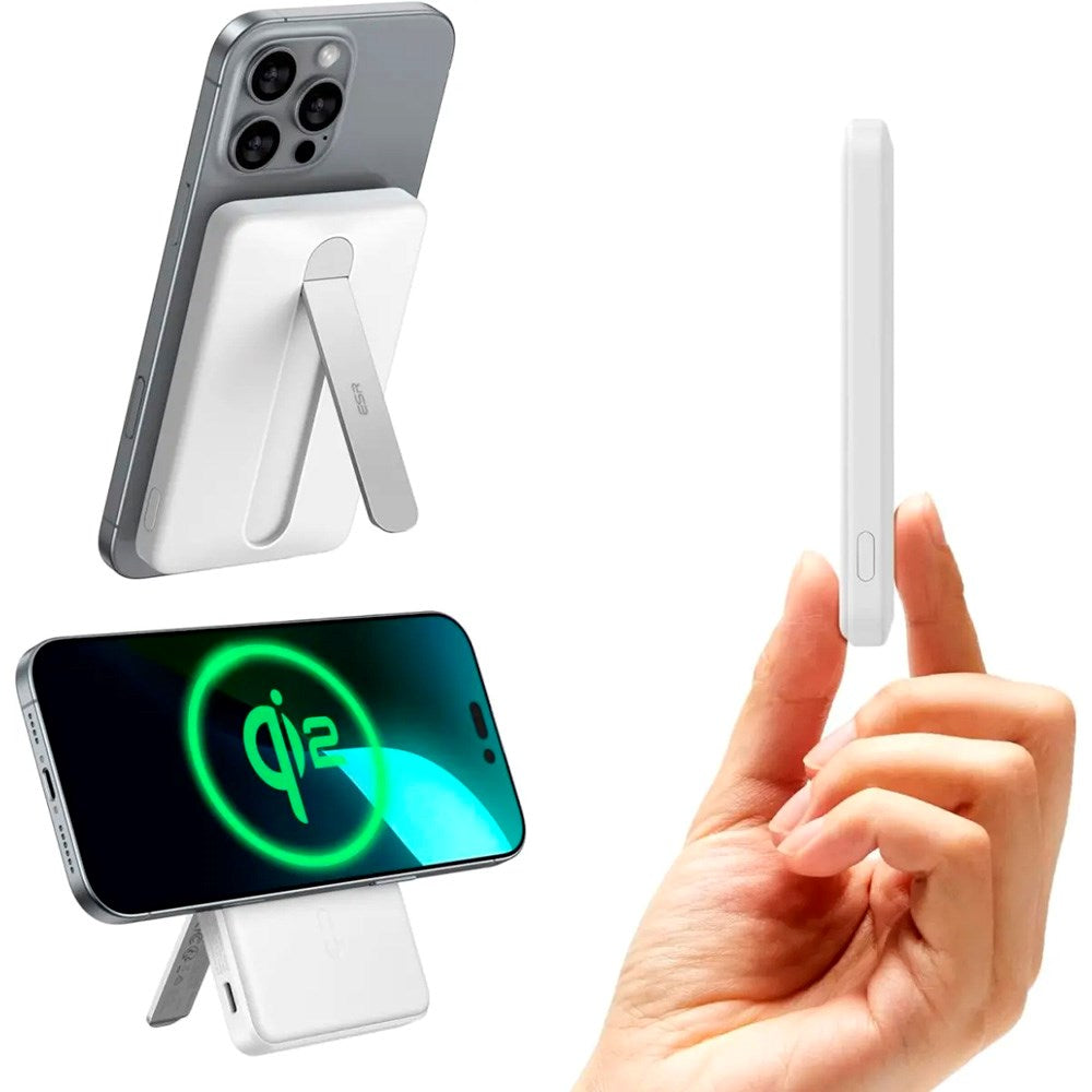 ESR Qi2 MagSlim PowerBank m. Kickstand - 15W / 5000 mAh - MagSafe Kompatibel - Vit
