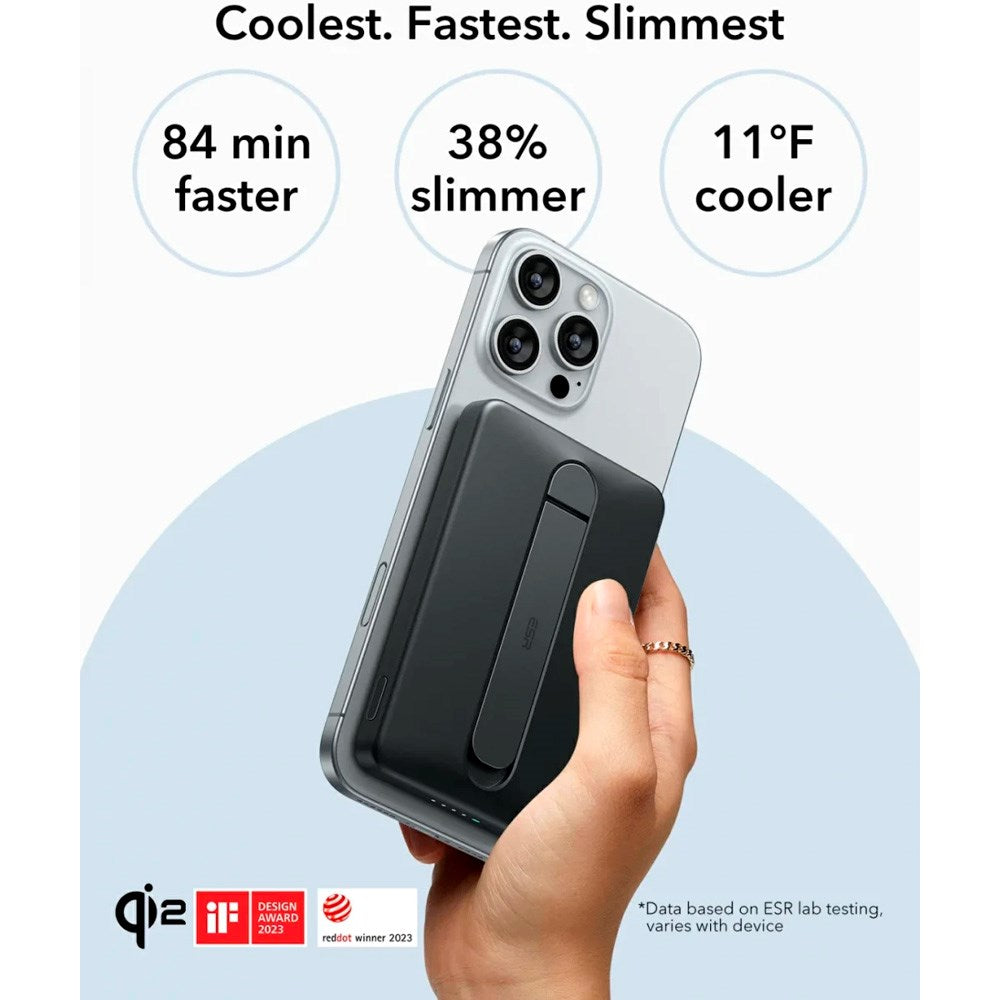 ESR Qi2 MagSlim PowerBank m. Kickstand - 15W / 5000 mAh - MagSafe Kompatibel - Svart
